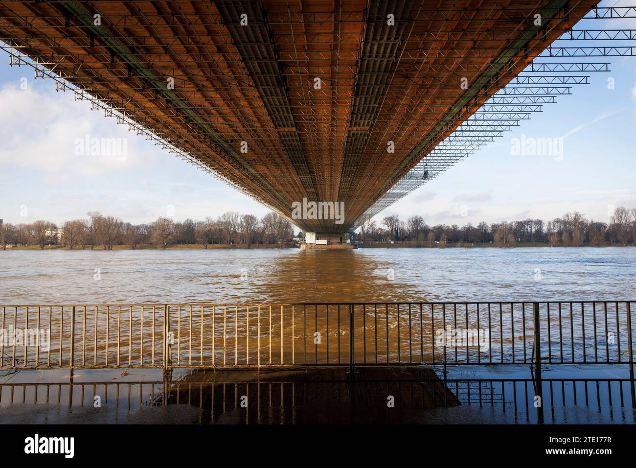 the Muelheim bridge over the Rhine, scaffolded for renovation work, Cologne, Germany,  die wegen Renovierungsarbeiten eingeruestete Muelheimer Bruecke Stock Photo