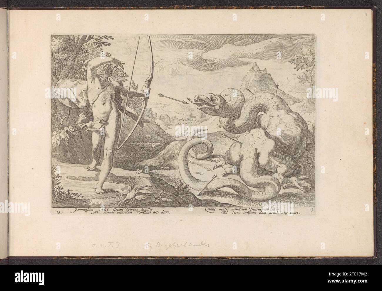 Apollo kills the giant snake Python, 1728 Apollo kills the giant snake Python with many arrows (here more like a dragon, with legs). A crocodile, sheep and deer run in the background. Two times two verses in Latin under the performance. The print is part of an album. print maker: Haarlemafter design by: Haarlempublisher: Amsterdam paper engraving Apollo kills the giant snake Python with many arrows (here more like a dragon, with legs). A crocodile, sheep and deer run in the background. Two times two verses in Latin under the performance. The print is part of an album. print maker: Haarlemafter Stock Photo