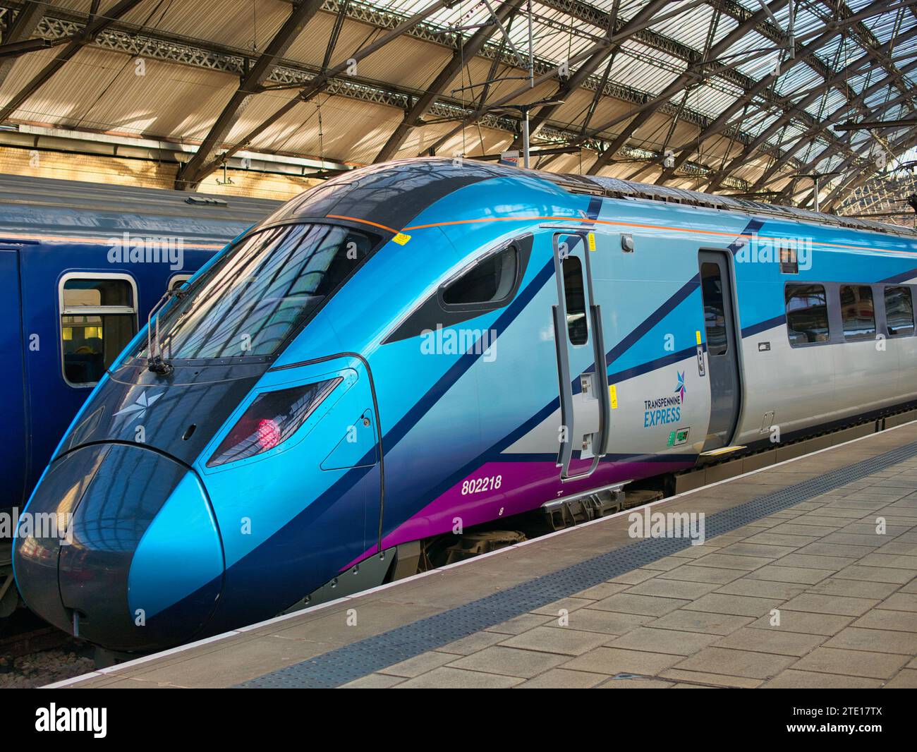 Liverpool, UK - Nov 21 2023: The engine of a TransPennine Express train at Lime Street Station in Liverpool, UK. Stock Photo