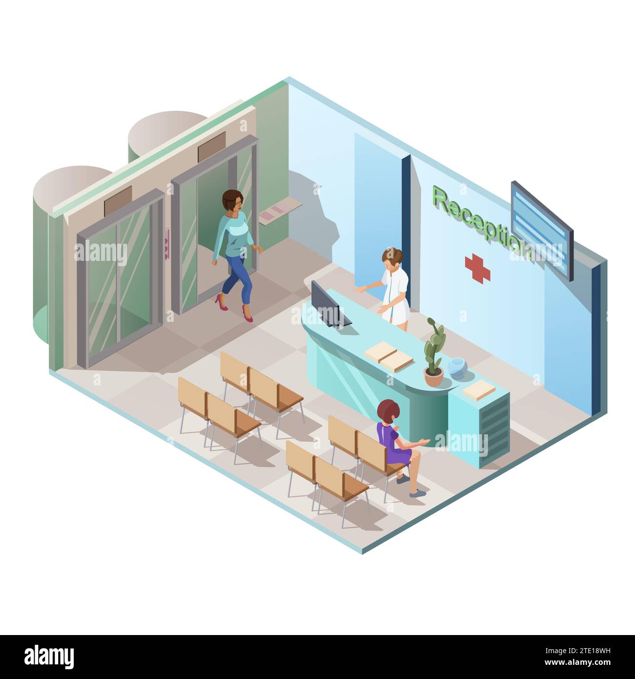 Isometric 3d vector illustration medical clinic reception interior with receptionist woman at table desk and patients in the hallway. Hospital or health center with glass elevator and the waiting area Stock Vector