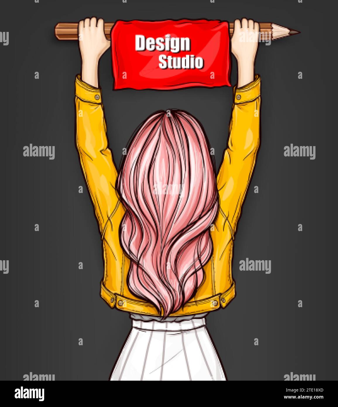 Pop art girl standing backwards and holds in hands a large pencil with red banner. Young woman with pink hair and yellow jacket holding over his head flag with text Design Studio. Education concept. Stock Vector