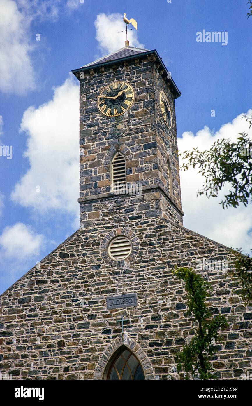 Detail of church clock tower and weathervane, Sark, Guernsey, Channel Islands, Great Britain, June 1974 Stock Photo