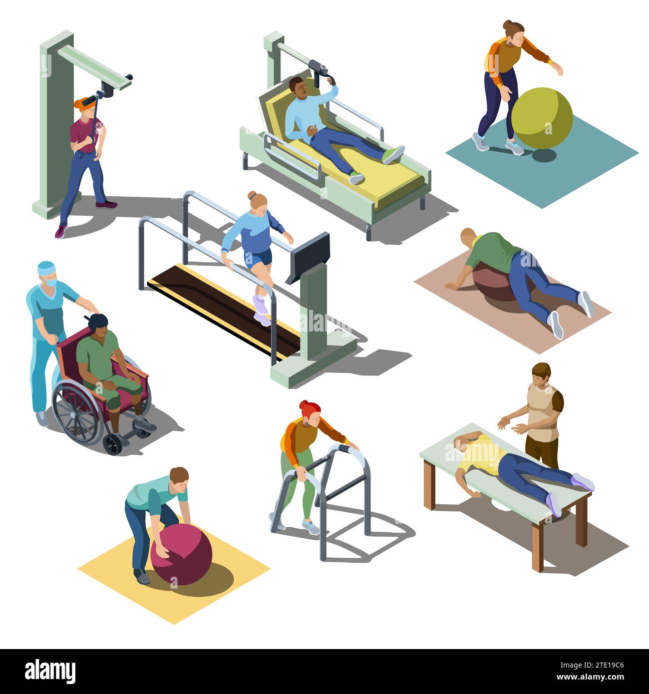 Isometric rehabilitation medical center with human characters. People with musculoskeletal disorders do physical therapy exercises, patients on the recovery and treatment program. Healthcare concept. Stock Vector