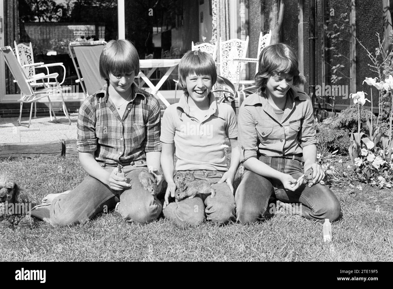 Children rusher with 4 young rabbits Driehuis, Animals, Children, kid