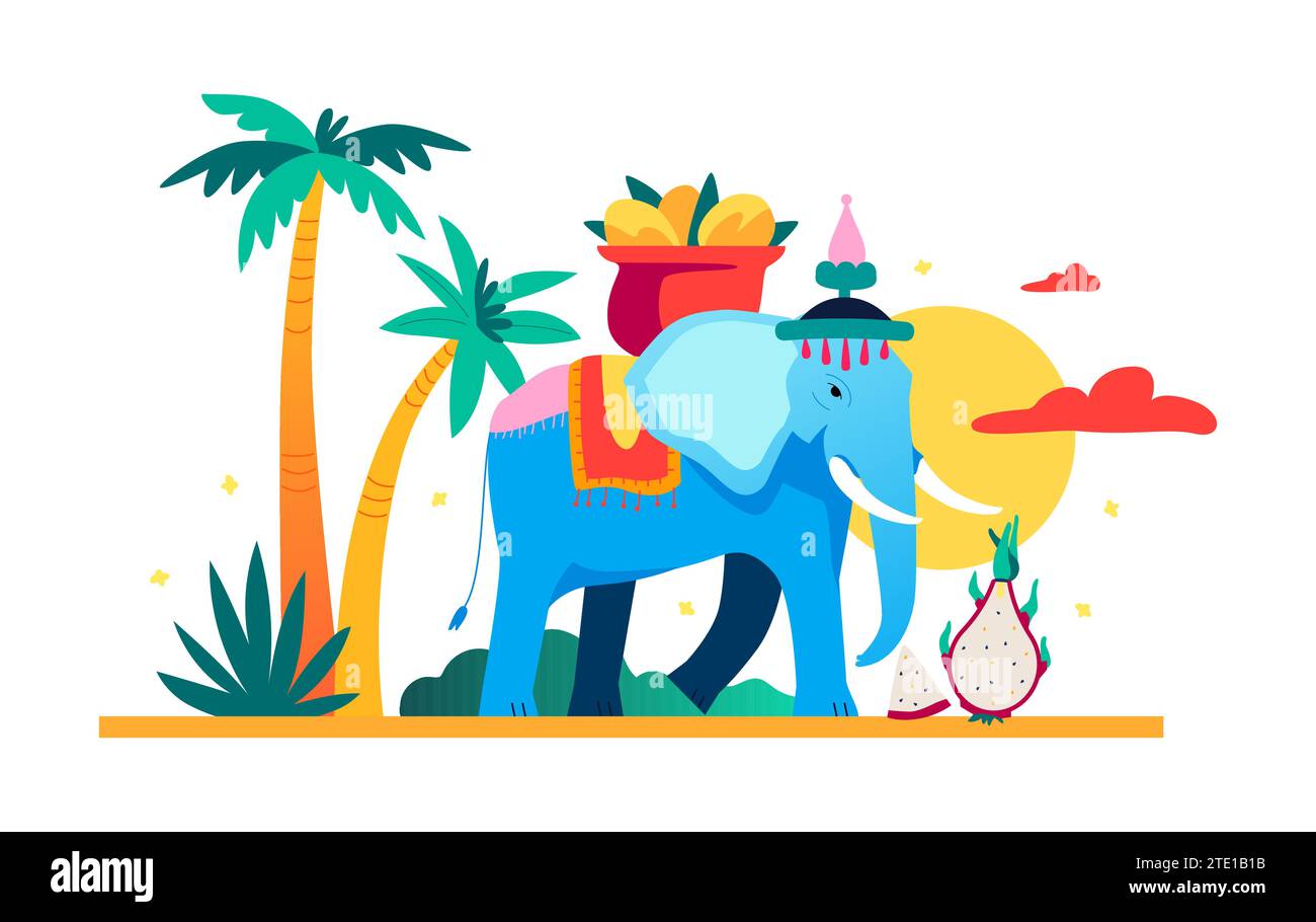 Elephant carrying tropical fruits - modern colored vector illustration Stock Vector