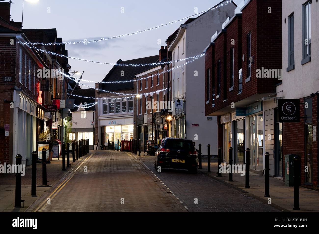 Swan Street with Christmas lights, Warwick, Warwickshire, England, UK