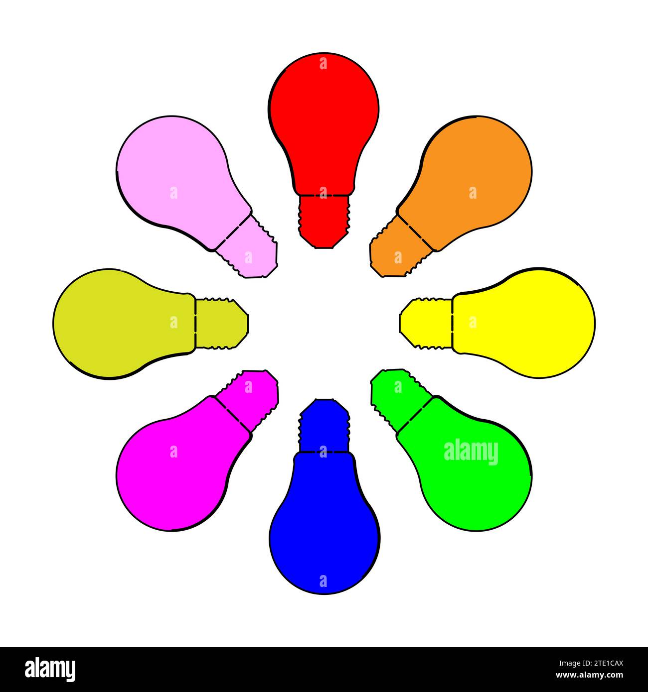 Multi colored cartoon light bulb shapes all set over a white background Stock Photo