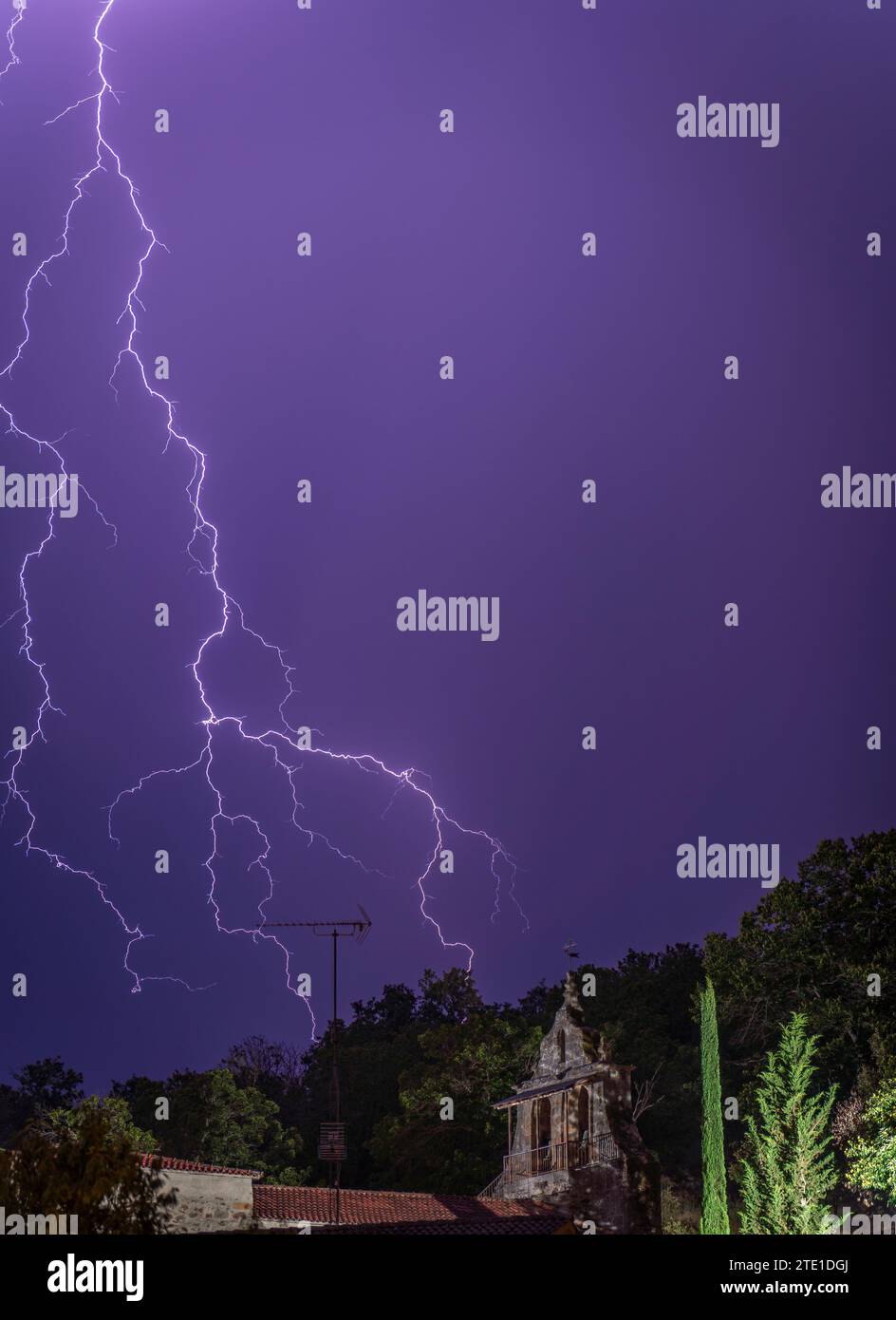 Intense Lightning Strike Behind Rustic Building at Night Stock Photo ...
