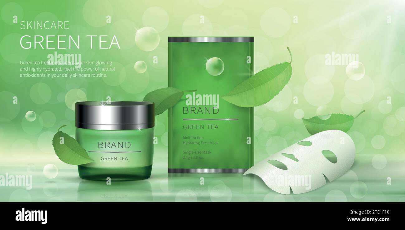 Cosmetic realistic vector background. Green glass jar with cream, sachet with facial sheet mask