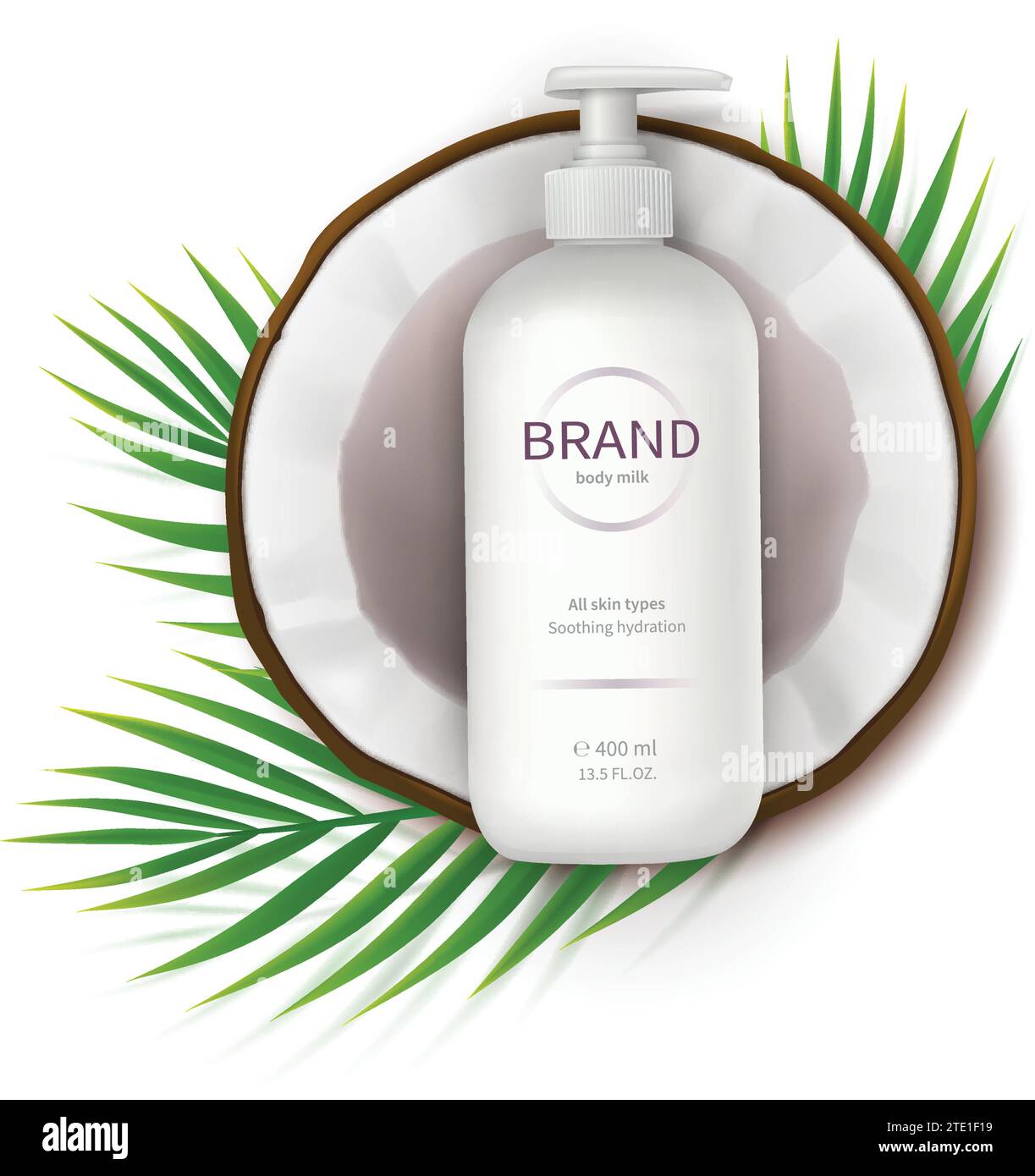 Cosmetic ad realistic vector. White dispenser bottle lies in half of coconut isolated on white background. Design elements for promo banner for natural organic cosmetics Stock Vector