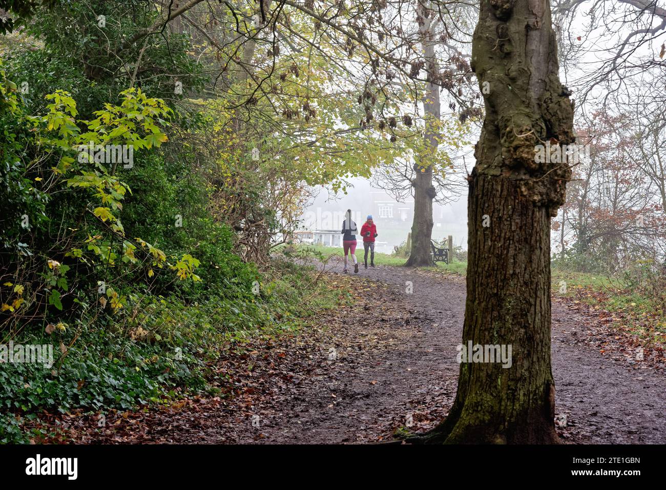 Two female runners on the footpath by the River Thames on a foggy winters day Weybridge Surrey England UK Stock Photo
