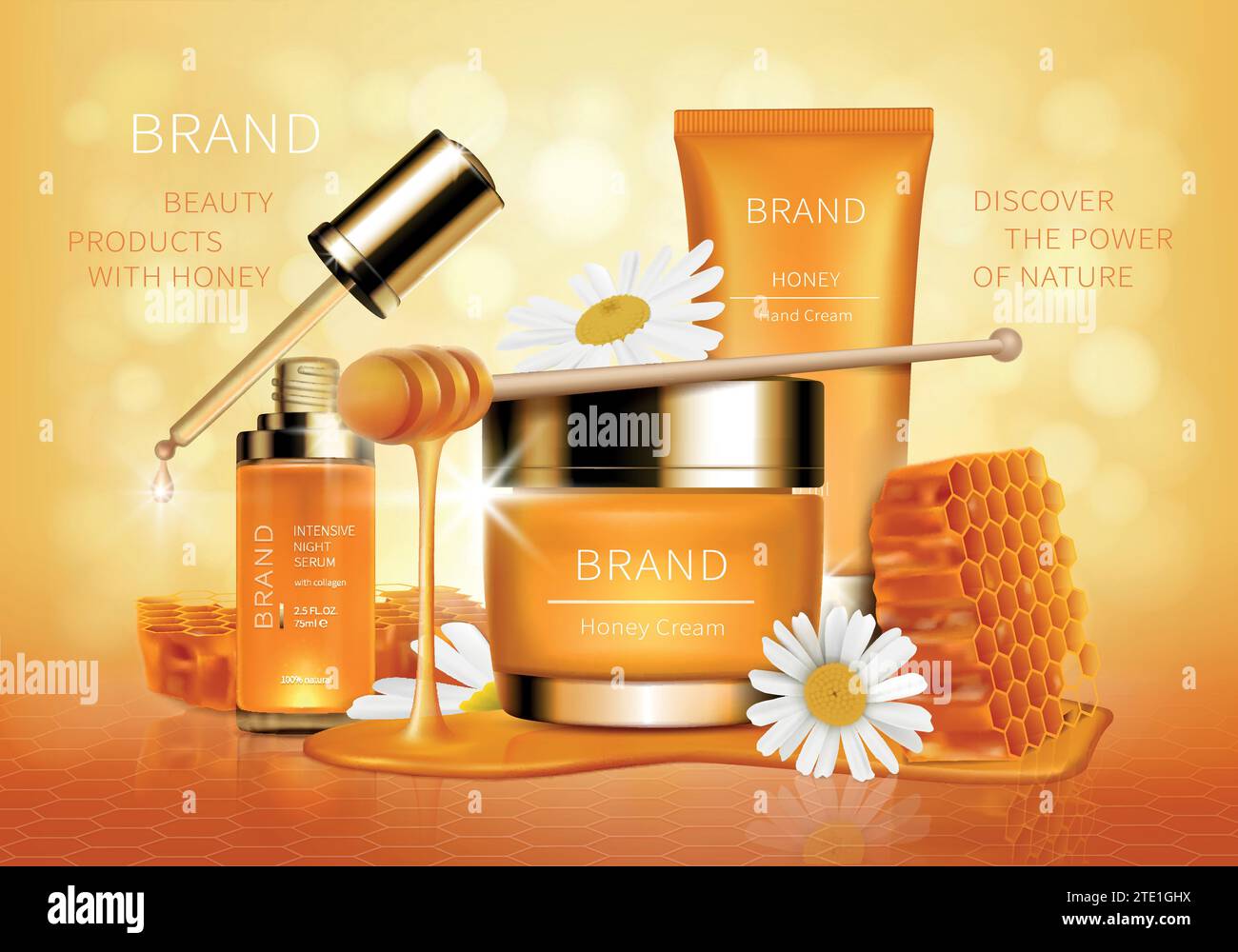 Cosmetic realistic vector ad background. Yellow jar with cream, tube