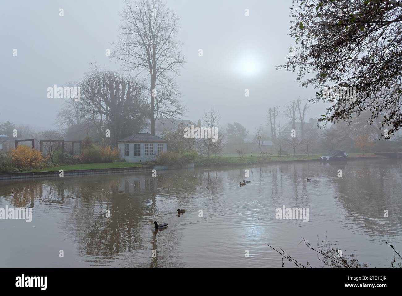 The River Wey navigation canal on a cold and foggy winter's  day Weybridge Surrey England UK Stock Photo