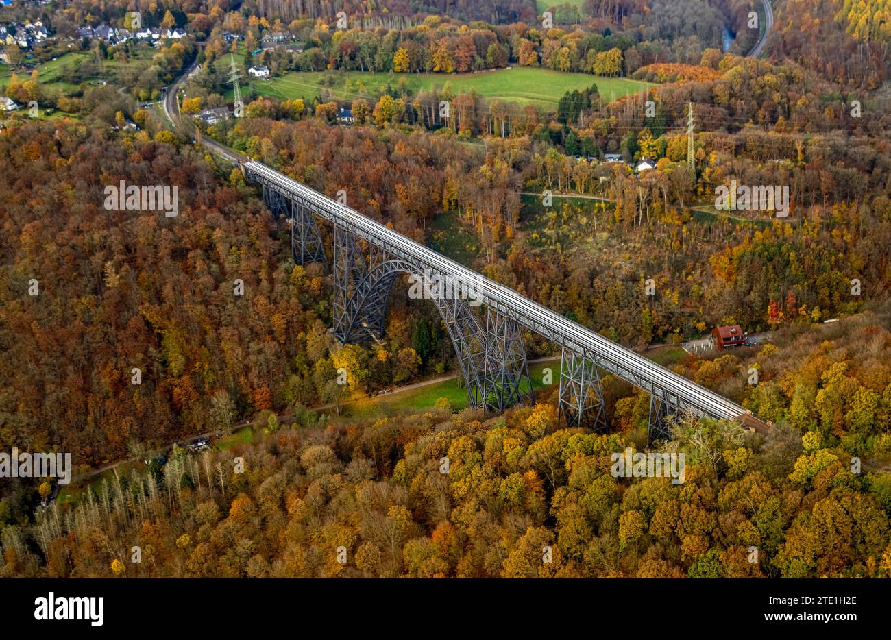 Aerial view, Müngsten Bridge over the river Wupper in the autumn forest, autumnal deciduous trees, Dorperhof-Hästen, Solingen, Rhineland, North Rhine- Stock Photo