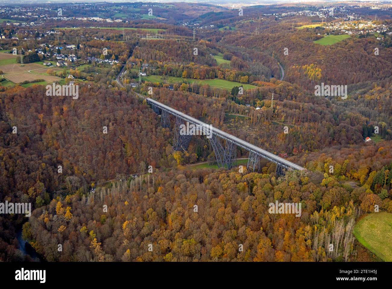 Aerial view, Müngsten Bridge over the river Wupper in the autumn forest, autumnal deciduous trees, Dorperhof-Hästen, Solingen, Rhineland, North Rhine- Stock Photo