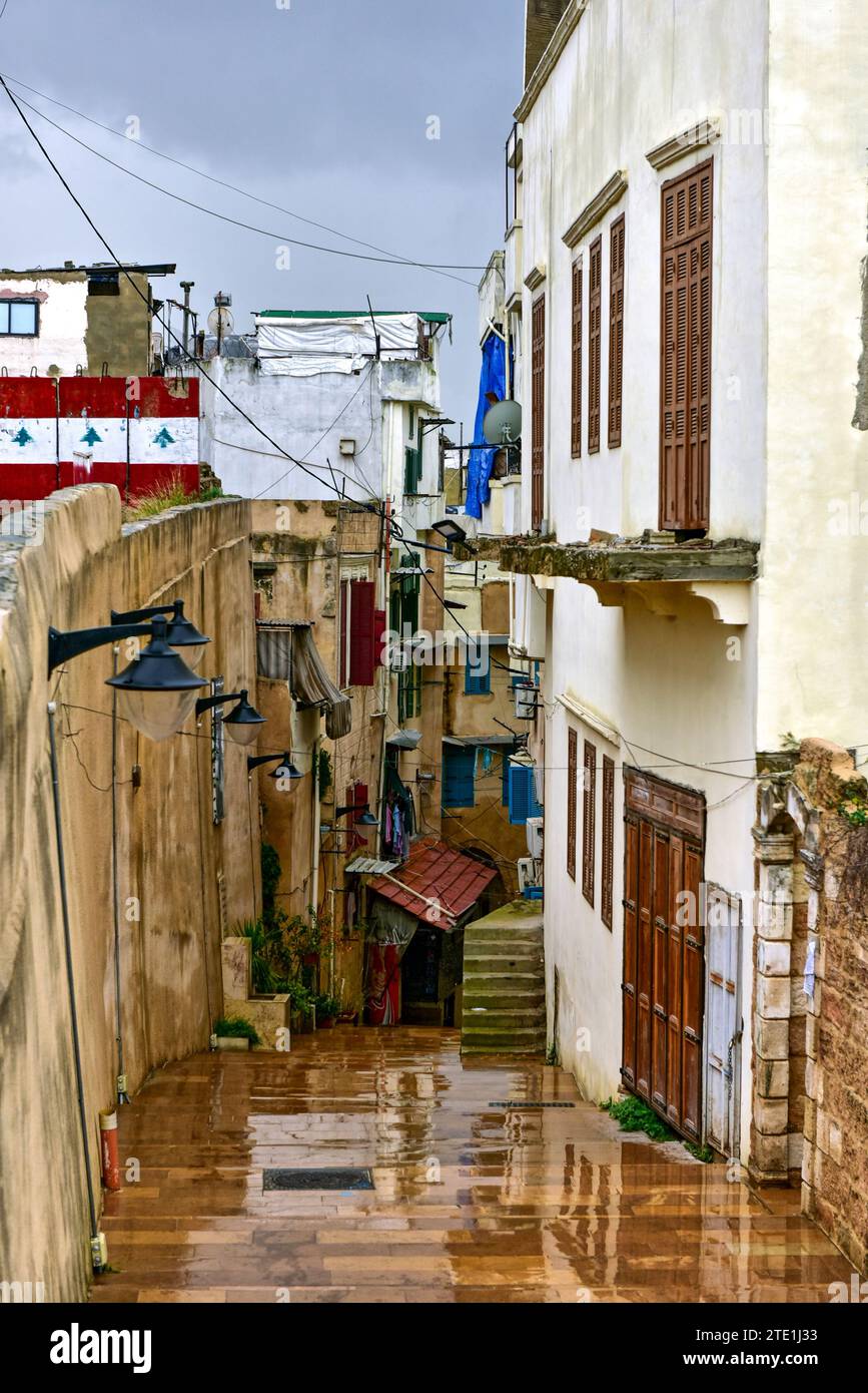 Traditional houses lining a hidden gem of a stairway linking the souk area and Al Ouwaysiyah Mosque to the Tripoli Citadel on El Amir Fakhreddine Stock Photo