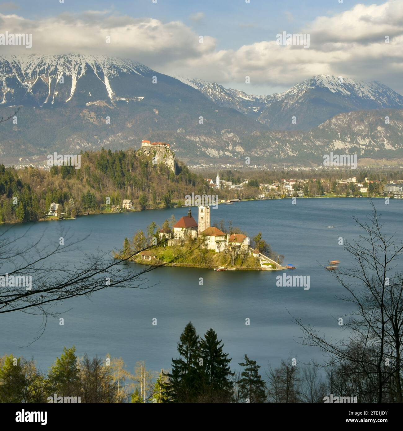Lake Bled from forests in nearby hills with ND filter Stock Photo