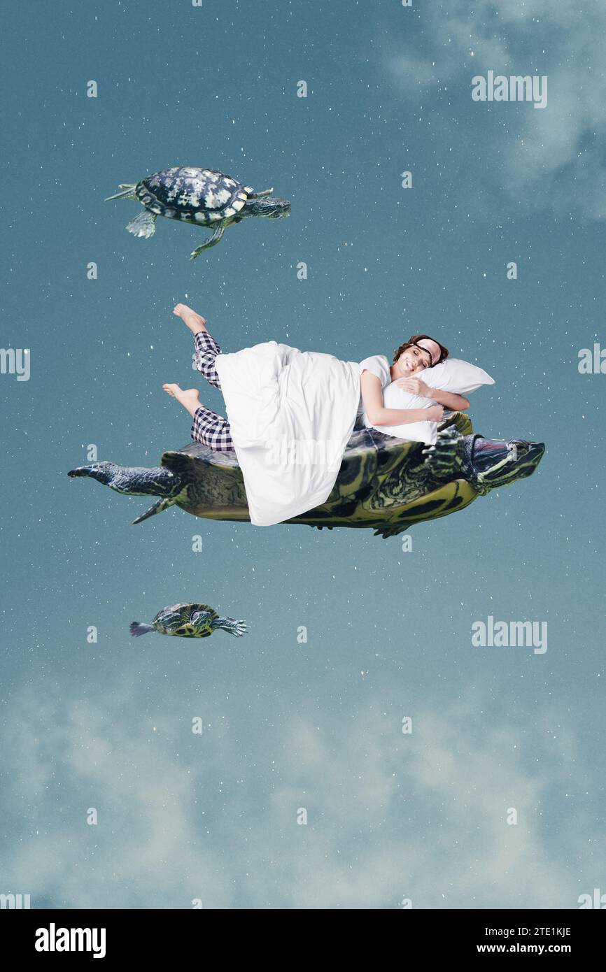 Vertical psychedelic photo collage of young happy woman wear pajamas