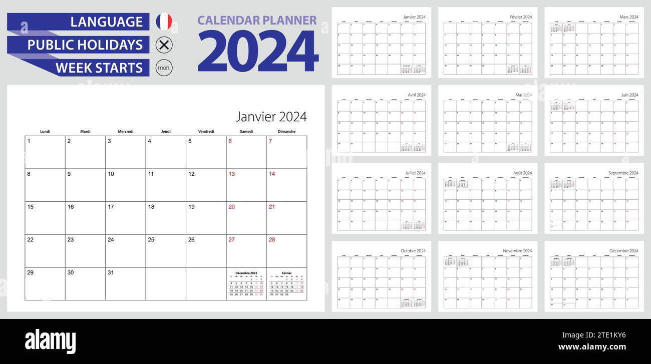 French calendar planner for 2024. French language, week starts from