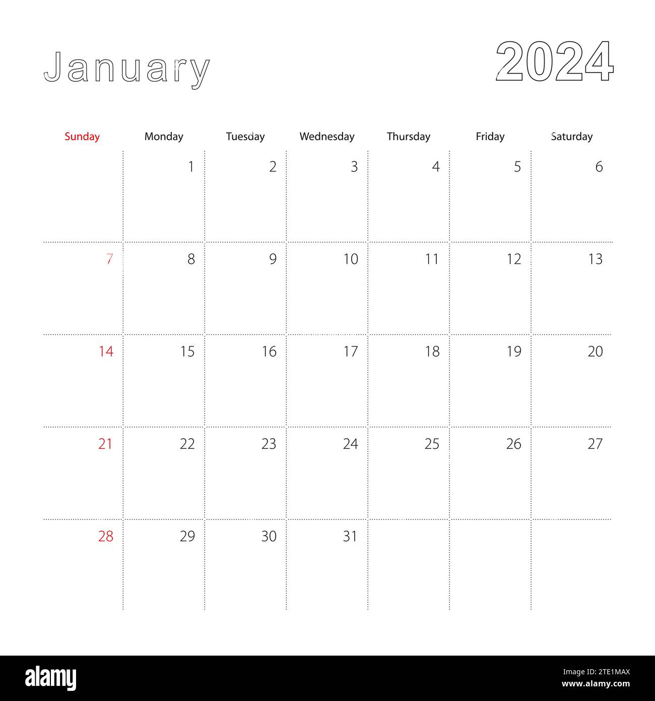 Simple wall calendar for January 2024 with dotted lines. The calendar ...