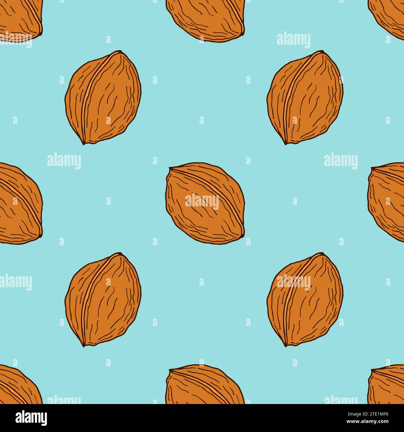 Pattern with walnuts hand drawn on blue background. Vector illustration Stock Vector