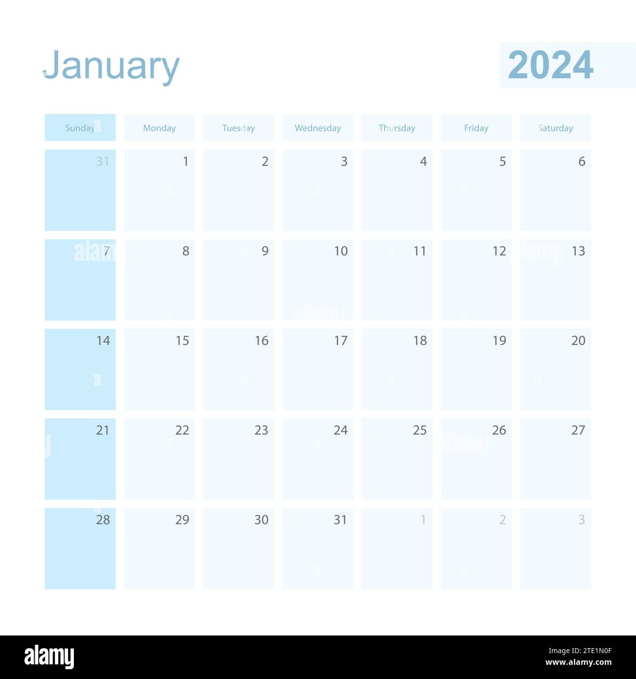 2024 January wall planner in blue color, week starts on Sunday ...