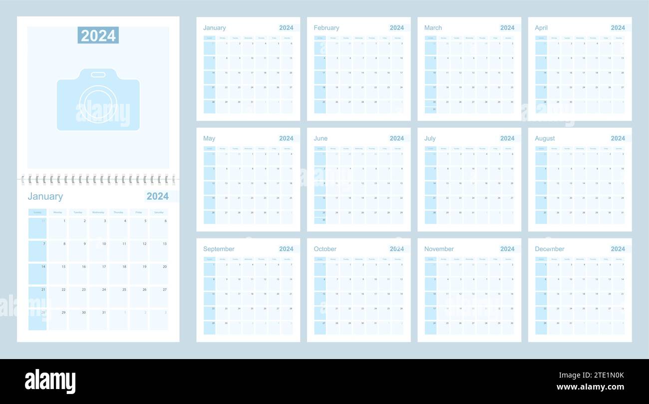 2024 wall planner in blue color, week starts on Sunday. Calendar with ...