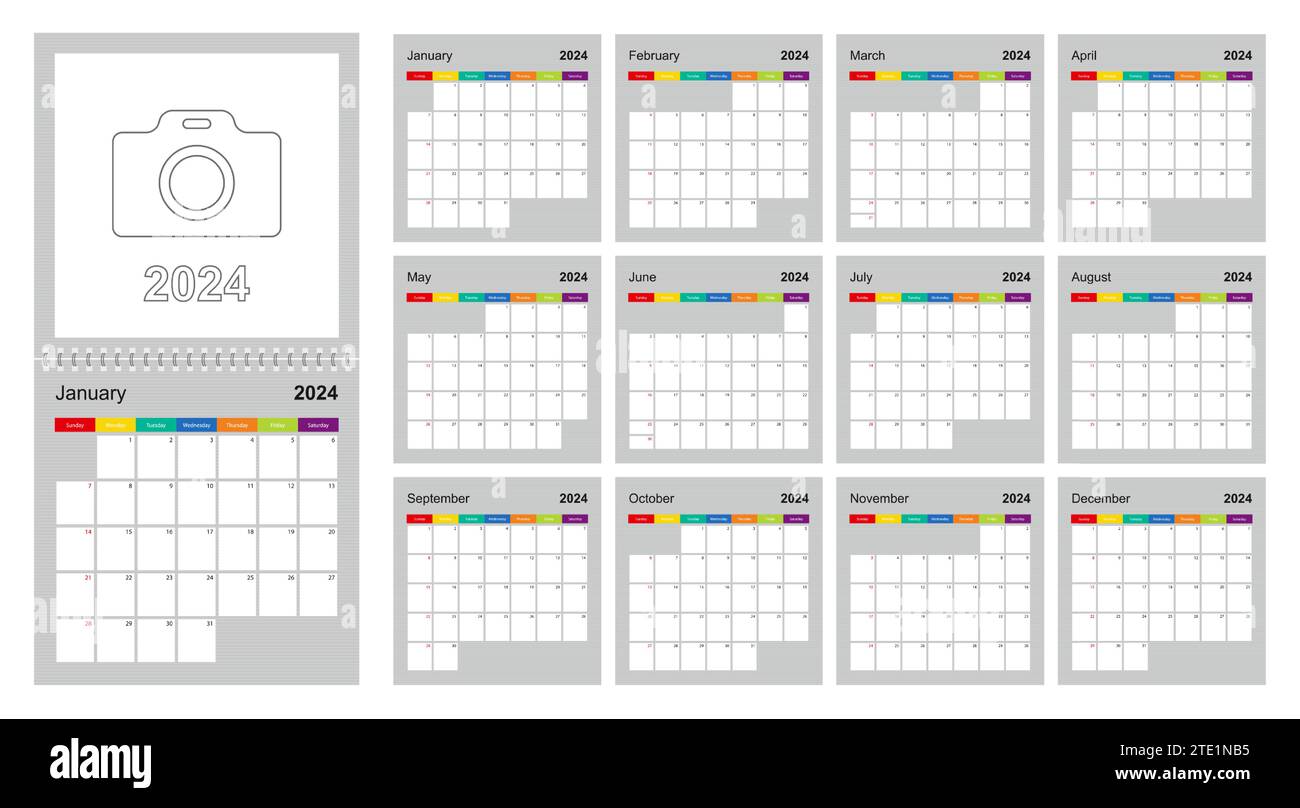 Vecteur Stock Monthly calendar template for 2024 year blue concept, desk  calendar 2024 template, Week Starts on sunday, wall calendar 2024 year,  planner minimal design, Set of 12 Months, organizer stationery