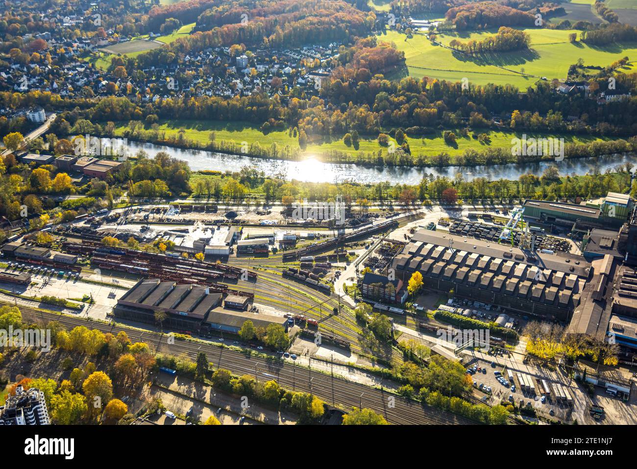 Aerial view, Deutsche Edelstahlwerke Specialty Steel GmbH & Co. KG, headquarters Witten, at the river Ruhr and Ruhraue in backlight, autumnal forest w Stock Photo