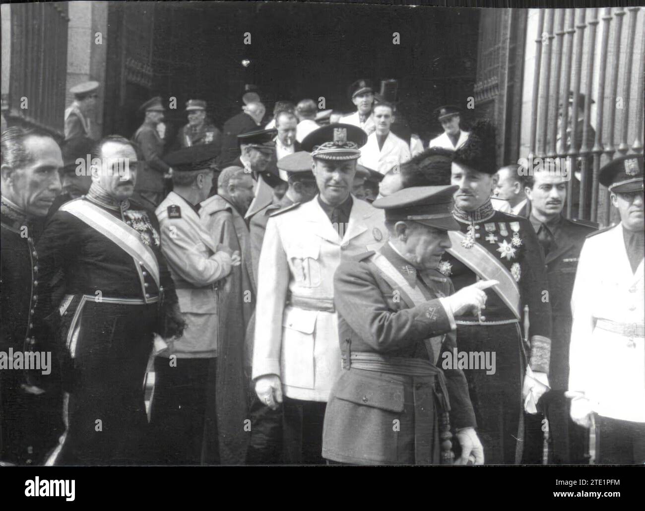 Madrid, 10/1/1942. The day of the Caudillo. The Ministers of Foreign Affairs, Count of Jordana, and of the Government, Mr. Pérez González, at the departure of the solemn te Deum in San Francisco el Grande. Credit: Album / Archivo ABC Stock Photo