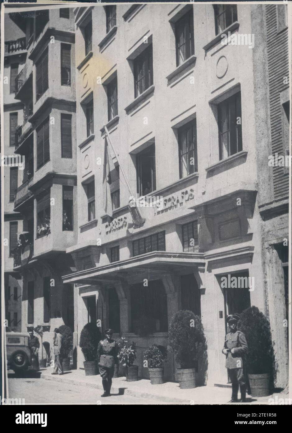 07/31/1950. Main façade of the new Post and Telegraph building, which has been delivered, in Irún, by the Minister of the Interior, Mr. Blas Pérez González. Credit: Album / Archivo ABC Stock Photo