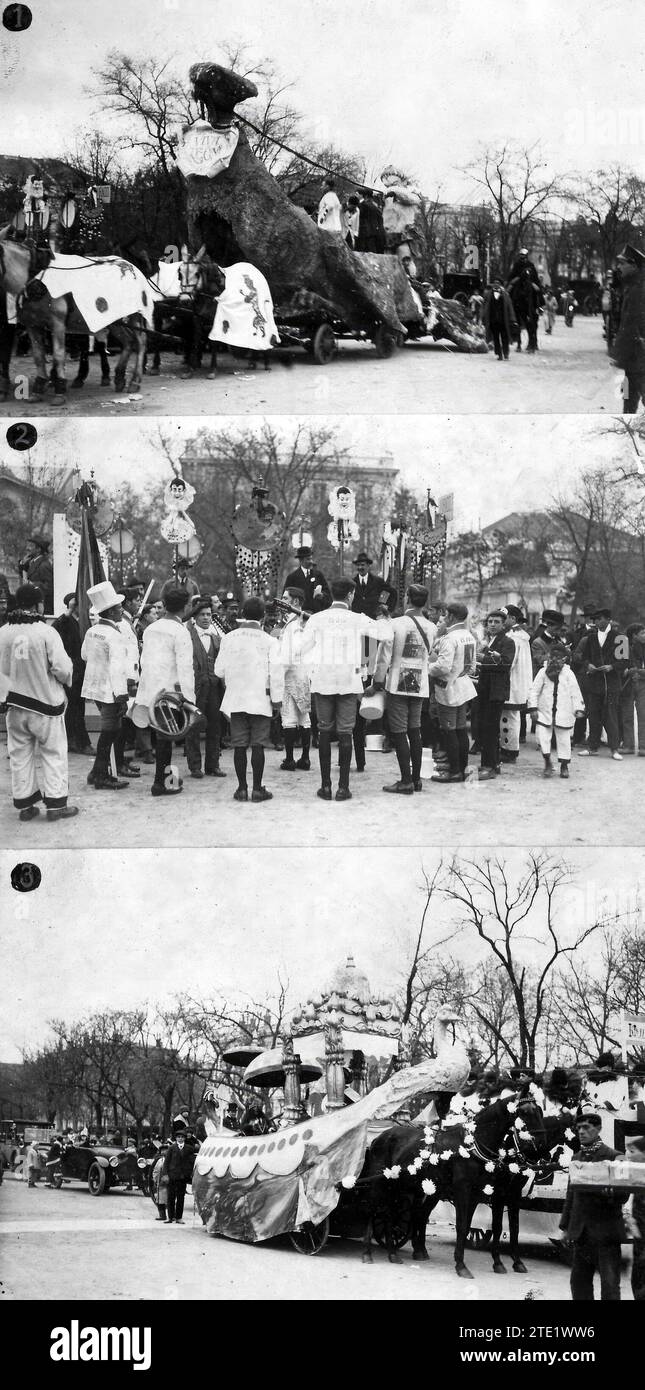03/01/1919. Madrid. The first day of Carnival. 1.-'prince Momo', by Mr. Oria (second prize for Floats). 2.-'la Rotativa', troupe of the Society of Newspaper Sellers. 3.-'Indians in Canoe', by Messrs. De Molina (third prize for Floats). Credit: Album / Archivo ABC / Julio Duque Stock Photo