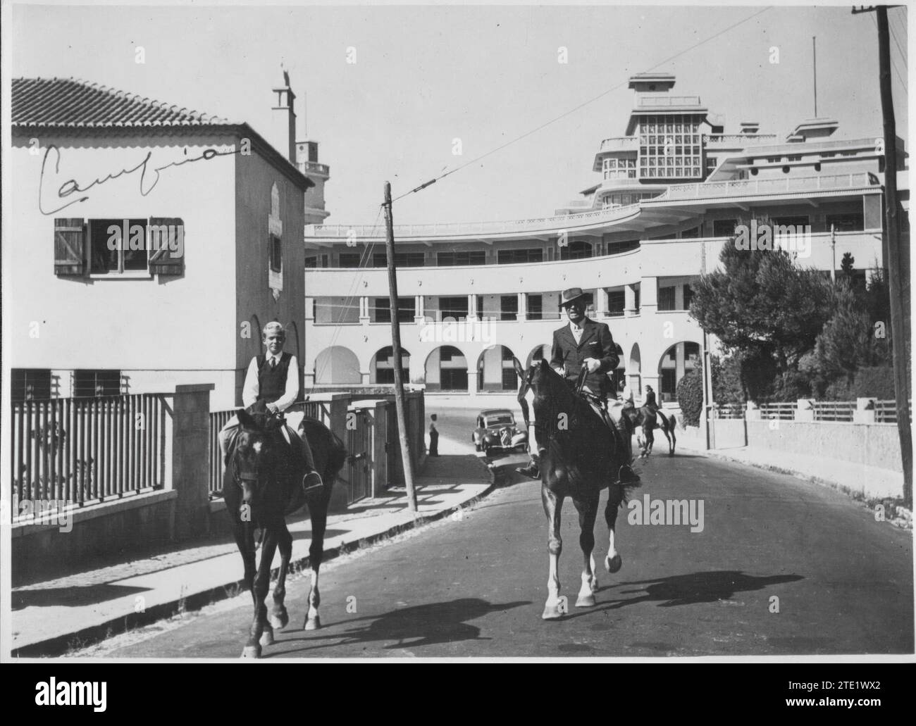 Estoril, 1950. Don Juan Carlos riding a horse through the streets of Estoril. Credit: Album / Archivo ABC / Campua Stock Photo