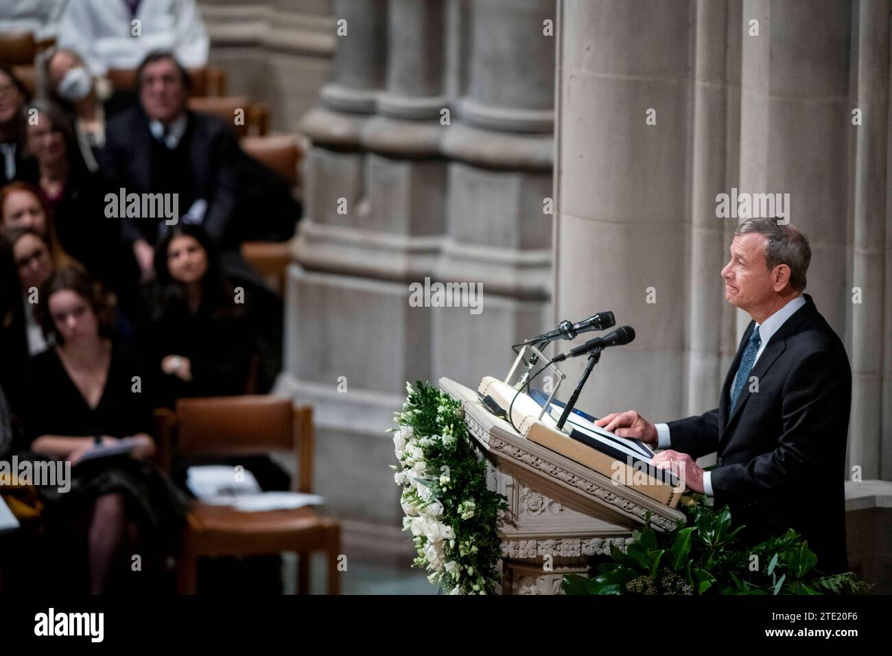 Chief Justice of the United States John G. Roberts, Jr. offers remarks during the funeral service for retired Associate Justice of the Supreme Court Sandra Day O Connor at the Washington National Cathedral in Washington, DC on Tuesday, December 19, 2023. Justice O Connor, an Arizona native, appointed by US President Ronald Reagan, became the first woman to serve on the nations highest court, served from 1981 until 2006, and passed away on December 1, 2023 at age 93. Copyright: xRodxLamkeyx/xCNPx/MediaPunchx Stock Photo