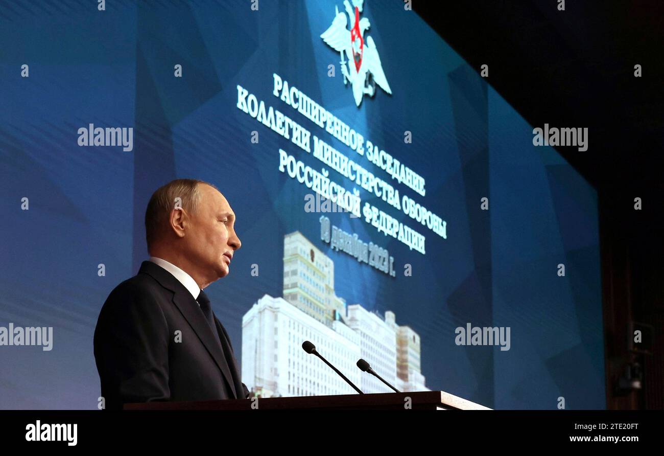 Moscow, Russia. 19th Dec, 2023. Russian President Vladimir Putin delivers remarks during the expanded meeting of the Defense Ministry Board at the National Defence Control Centre, December 19, 2023 in Moscow, Russia. Credit: Mikhail Klimentyev/Kremlin Pool/Alamy Live News Stock Photo