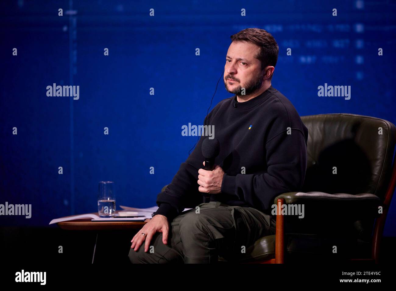 Kyiv, Ukraine. 19th Dec, 2023. Ukrainian President Volodymyr Zelenskyy listens to a question during his annual end-of-year press conference, December 19, 2023 in Kyiv, Ukraine. Credit: Ukraine Presidency/Ukraine Presidency/Alamy Live News Stock Photo