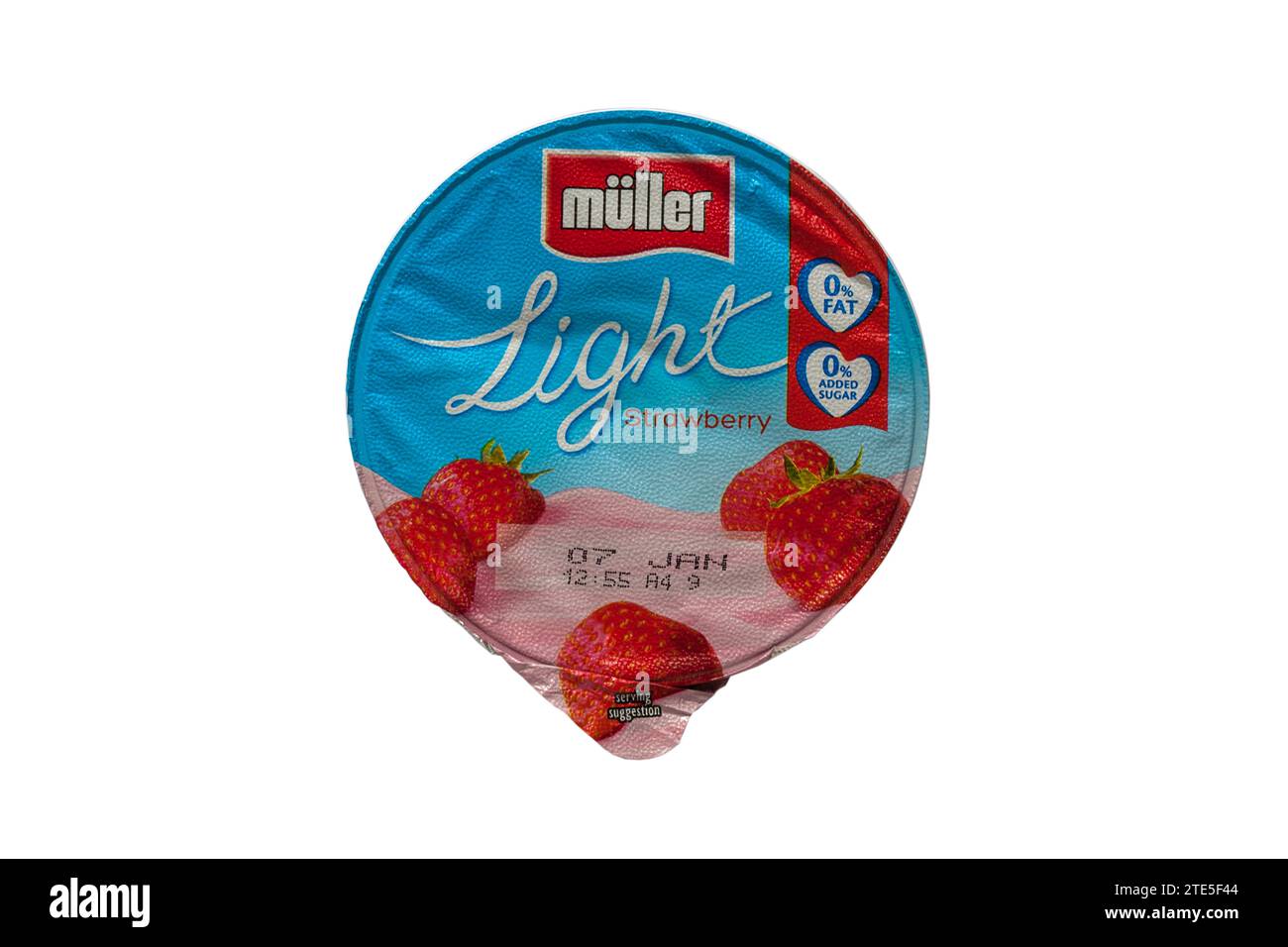 pot of Muller light strawberry fat free yogurt isolated on white background Mullerlight