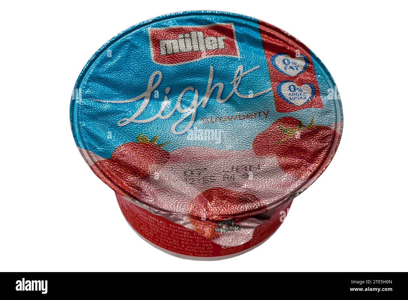 pot of Muller light strawberry fat free yogurt isolated on white background Mullerlight