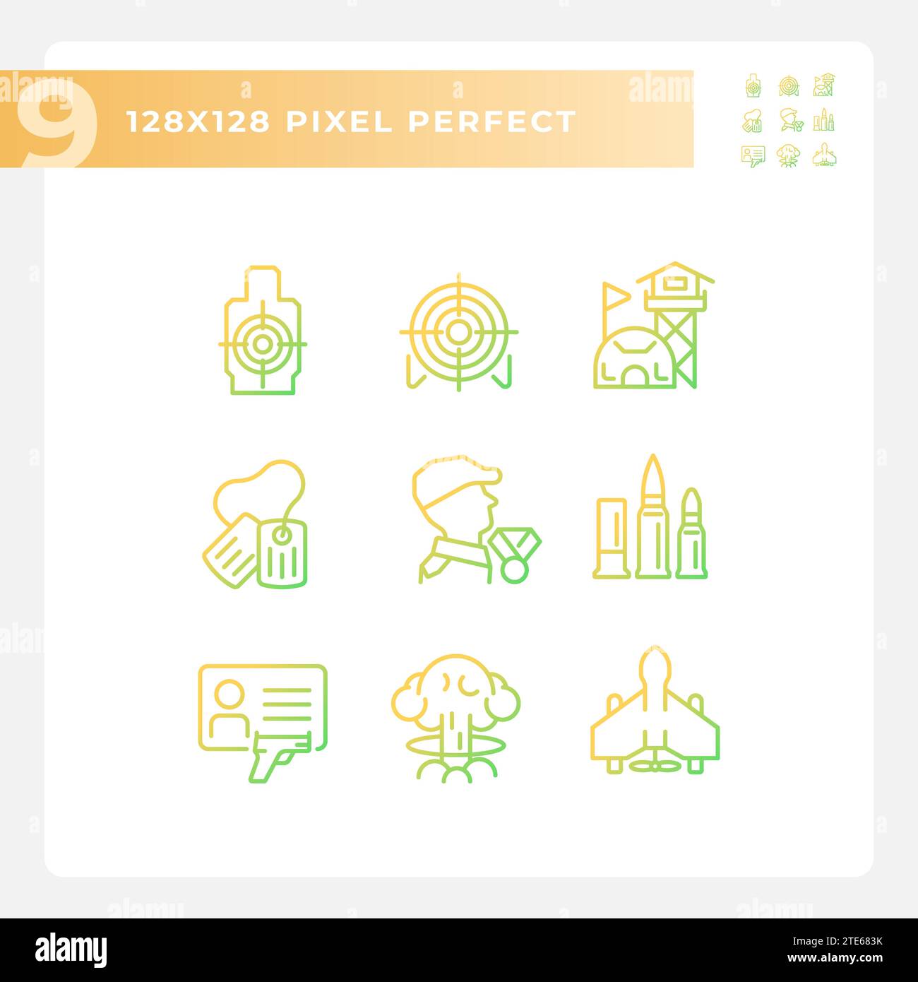 2D pixel perfect weapons gradient icons set Stock Vector