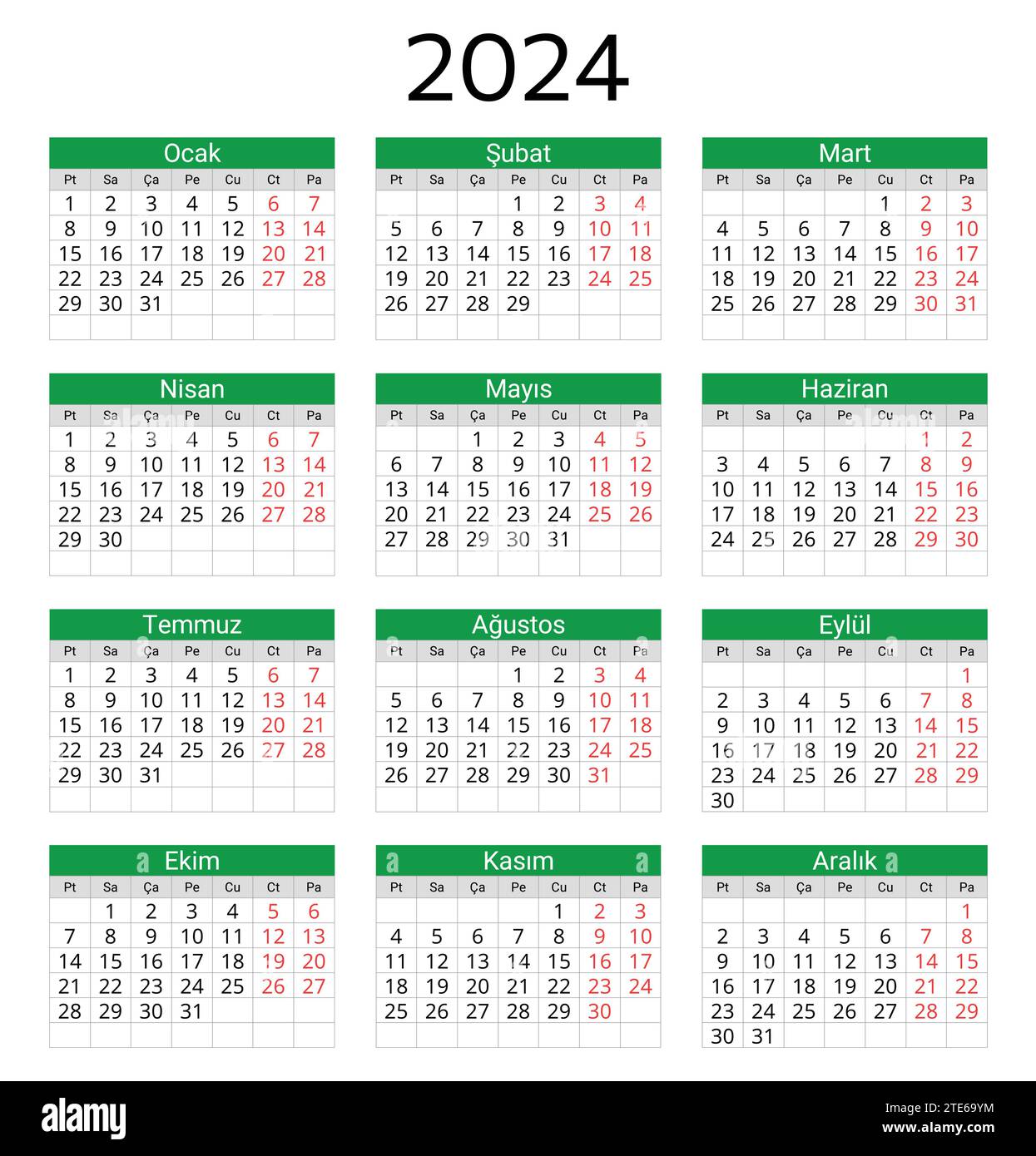 TURKISH calendar for 2024. Printable, editable vector illustration for ...