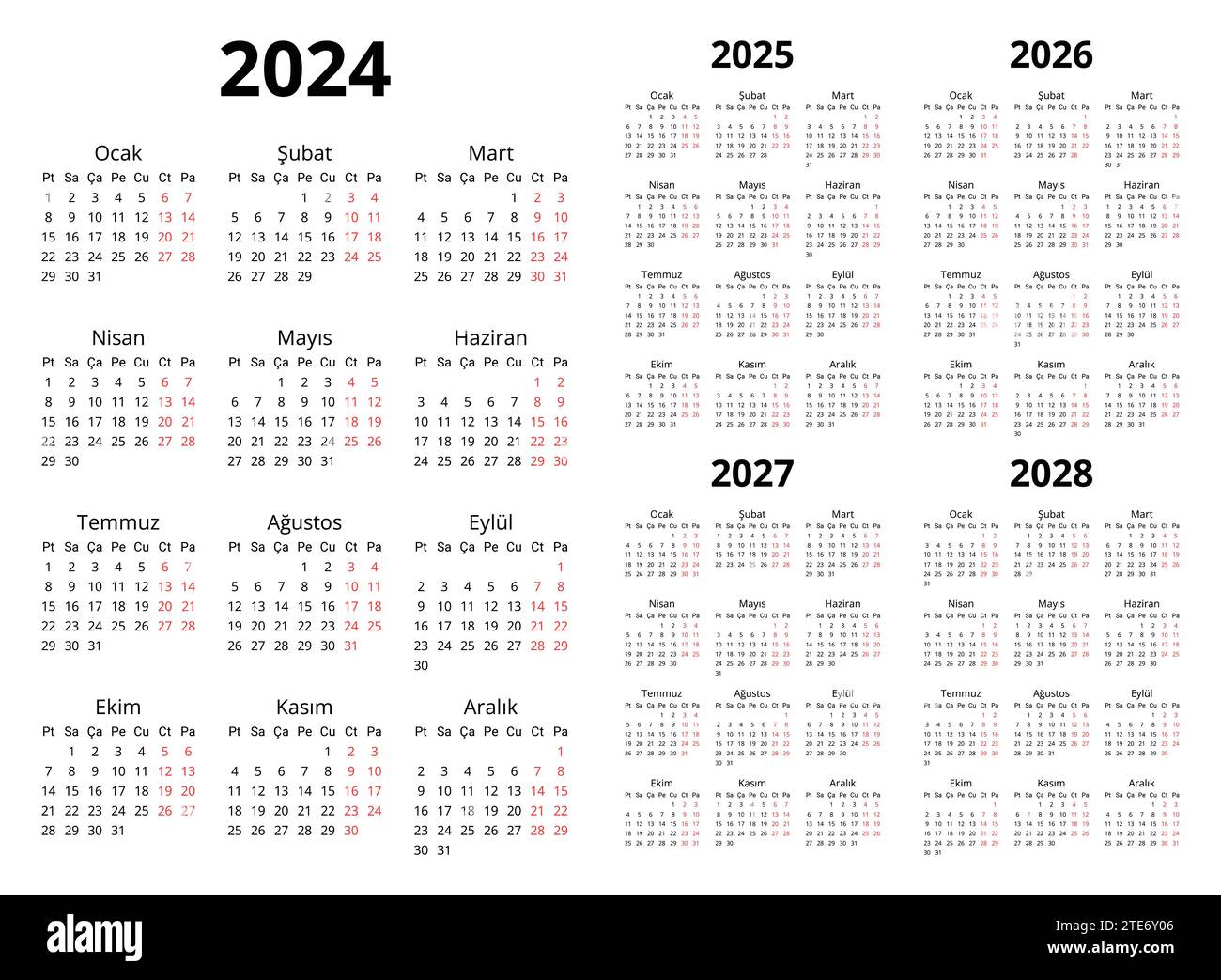 2024, 2025, 2026, 2027, 2028 vertical turkish calendars. Printable ...