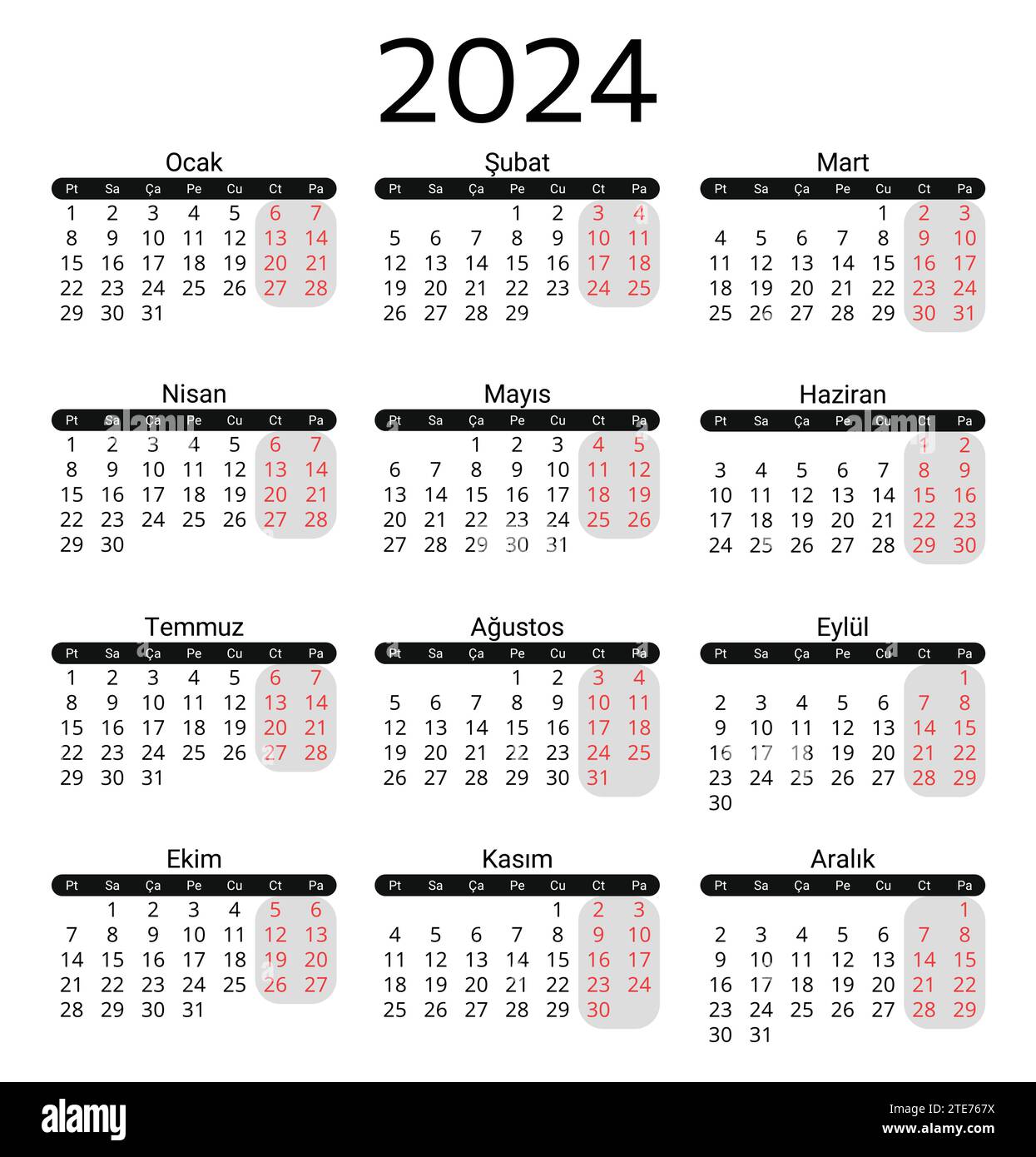 TURKISH calendar for 2024. Printable, editable vector illustration for