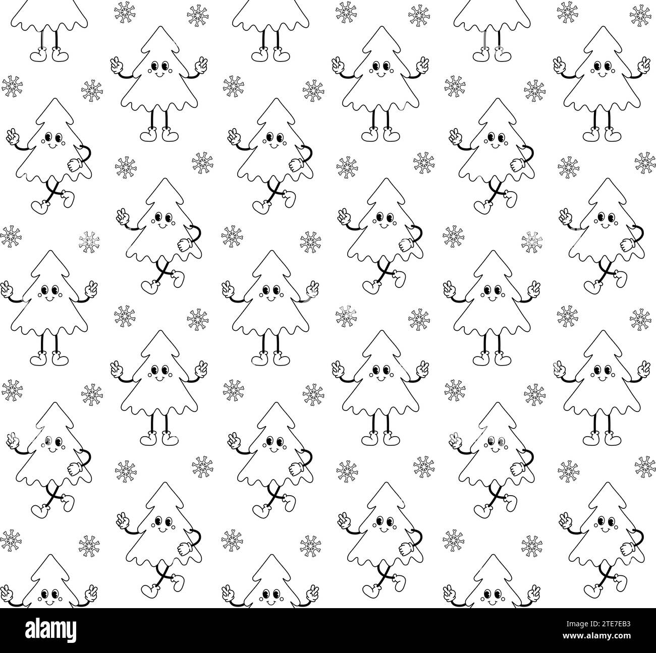 Vector seamless pattern of groovy retro cartoon Christmas tree isolated ...
