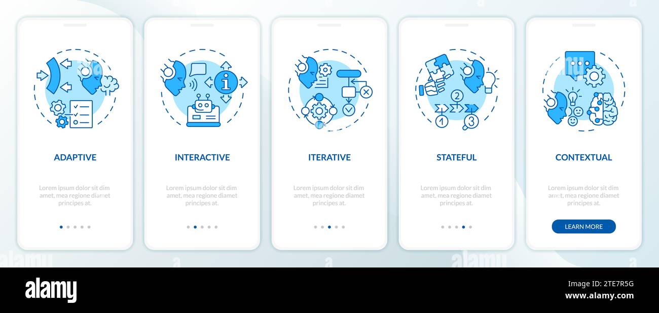 Walkthrough cognitive computing features with blue icons Stock Vector