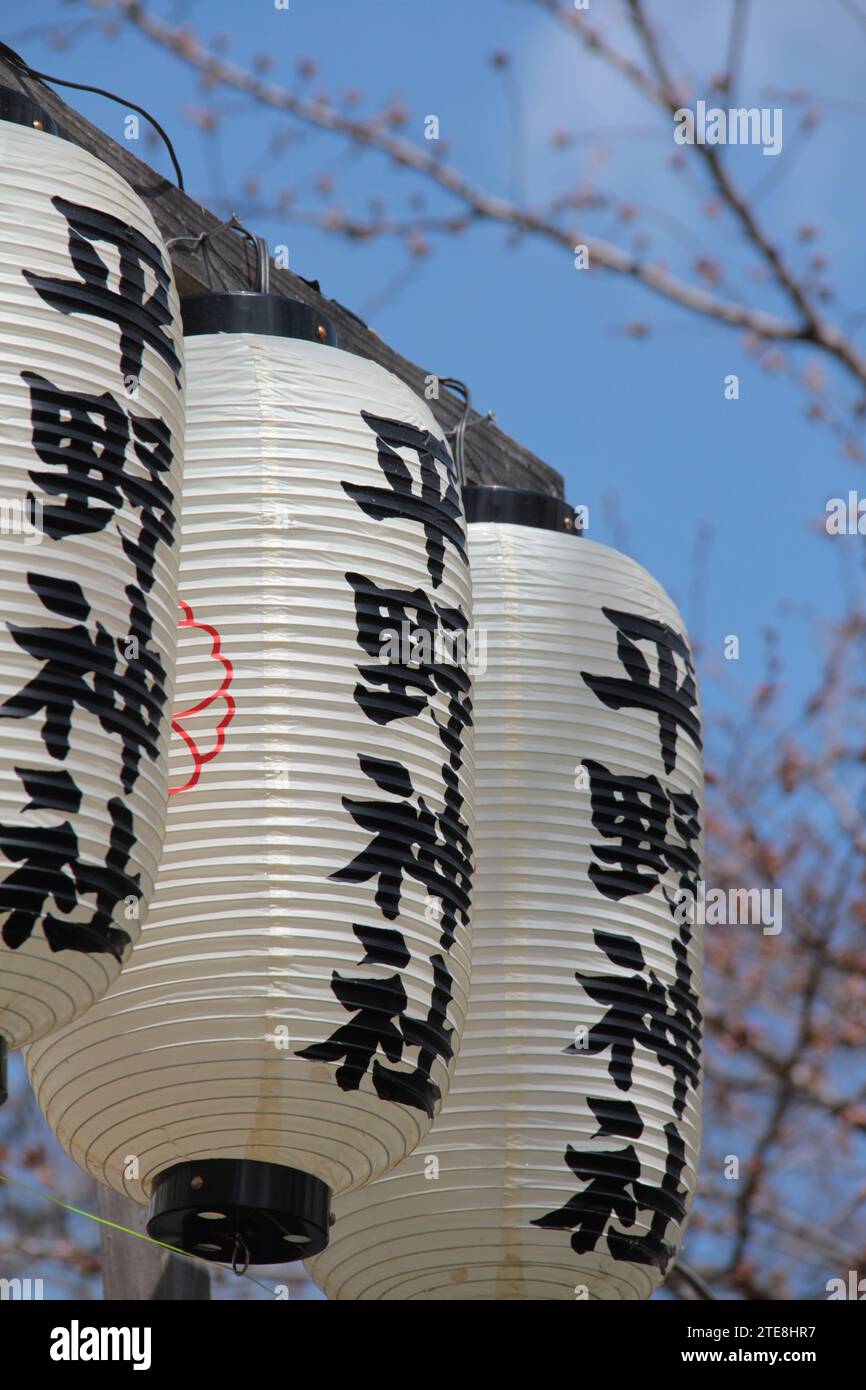 Traditional Japanese lantern in Kyoto's Hirano Shrine during Sakura Festival 2015 Stock Photo