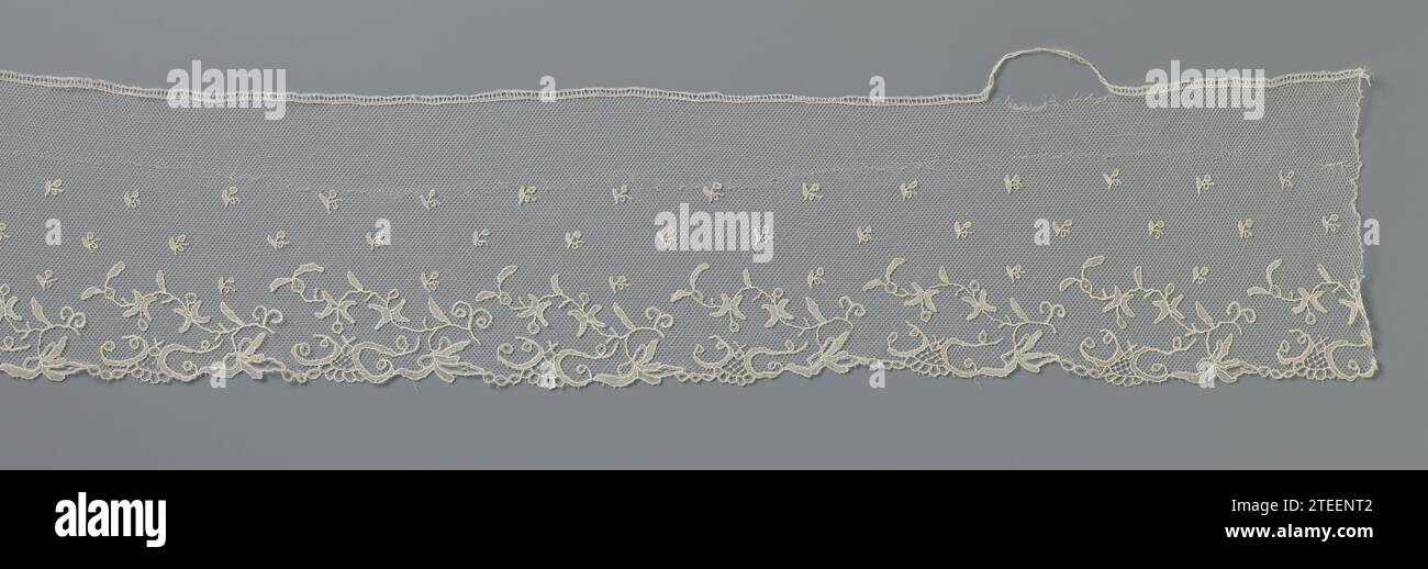 Strip application side with rocailles, anonymous, c. 1840 - c. 1850 Strip of natural application side, needle side applicated on mechanical tulle, point d'Angleterre. The interior part is wide littered with bead flower branches. The edge with running design shows a thin and whimsically winding twig with pointed leaves. Below is a rocaille with gridwork. Flat shells of links, campanes and leaves. Brussels (possibly) linen (material) Strip of natural application side, needle side applicated on mechanical tulle, point d'Angleterre. The interior part is wide littered with bead flower branches. The Stock Photo