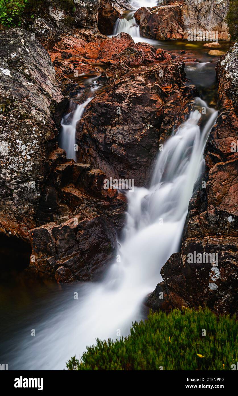 Waterfall under Buachaille Etive Mòr, River Coupall, Glen Etive and River Etive, Highlands, Scotland, UK Stock Photo