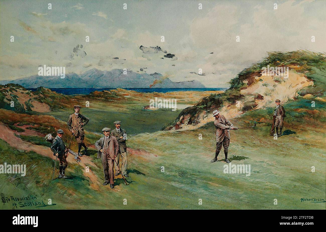 GOLF painting by (James) Michael Brown (1853-1947) Prestwick - Himalaya hole - oil painting Stock Photo