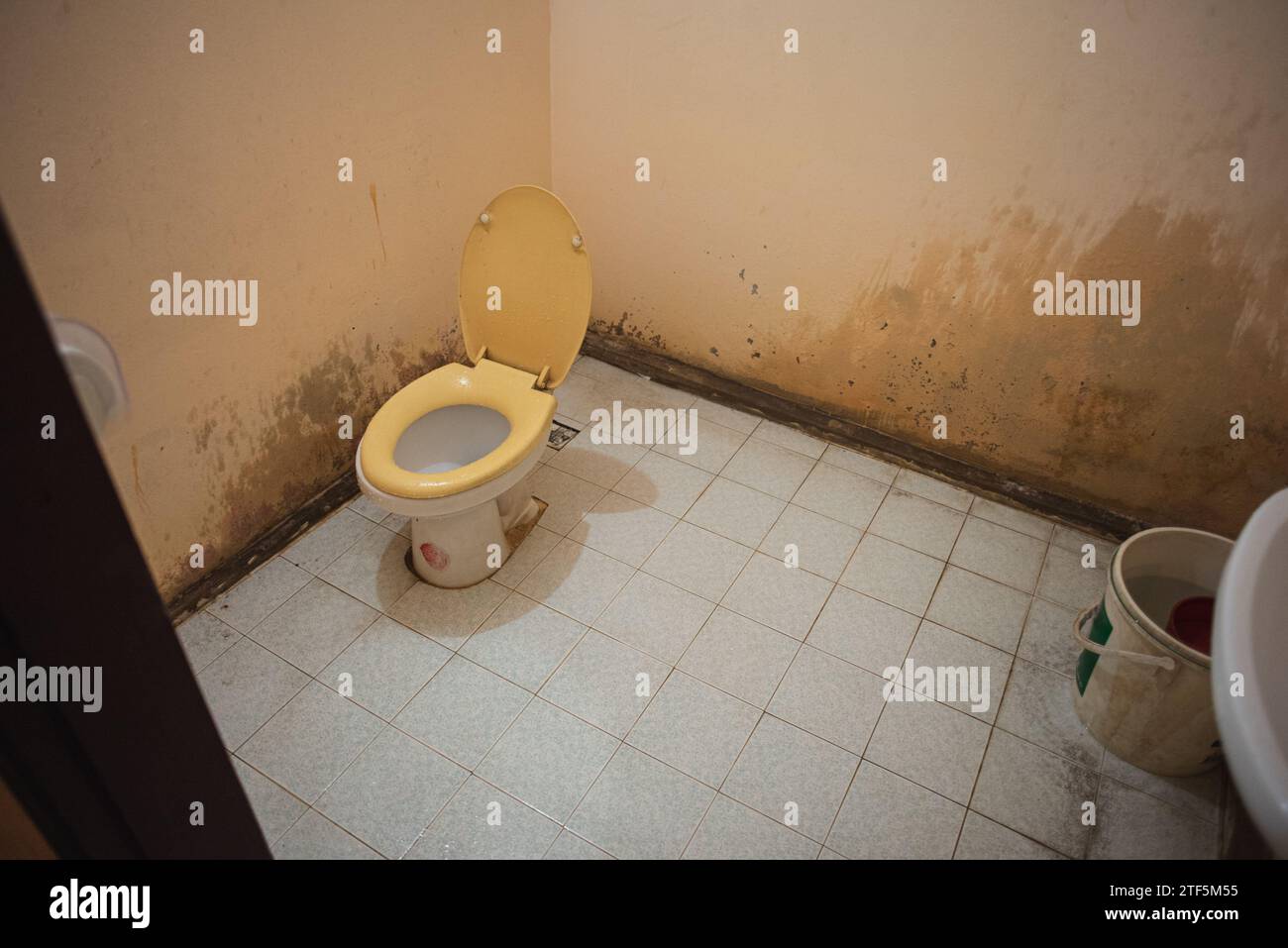 Attached bathroom of a cheap motel room in Savannakhet, Laos. Toilet with bucket flush. Stock Photo