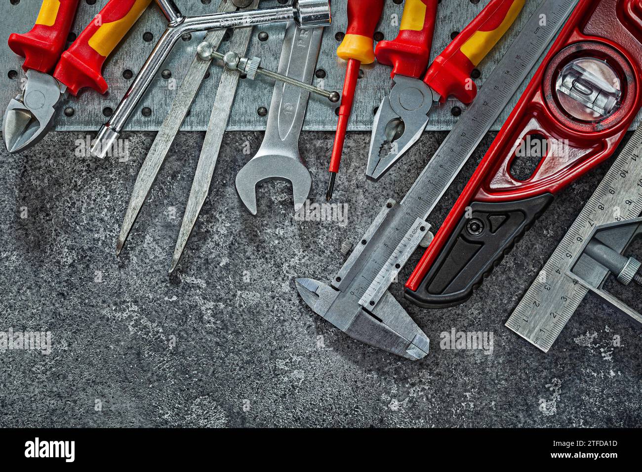 Working Tools Set On Dark Background Stock Photo